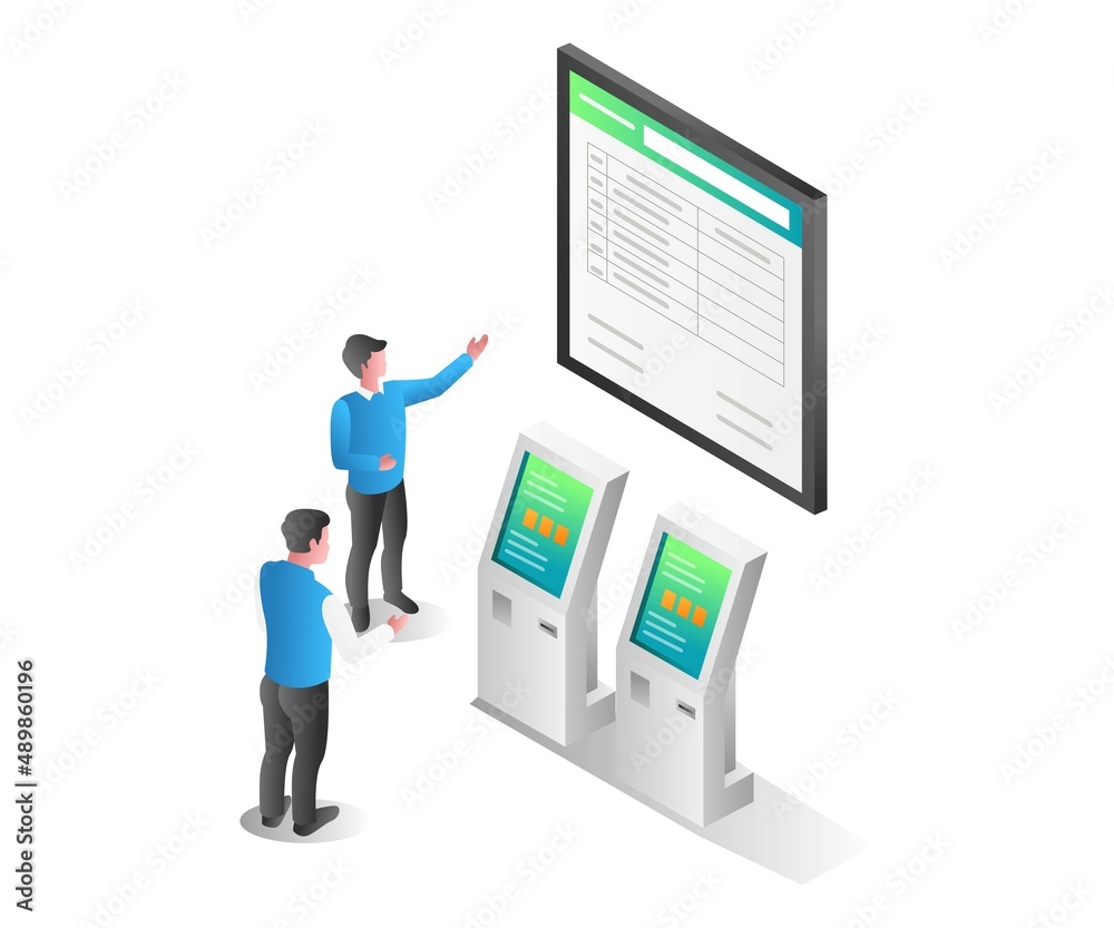 Flat isometric illustration concept. man showing information with monitor