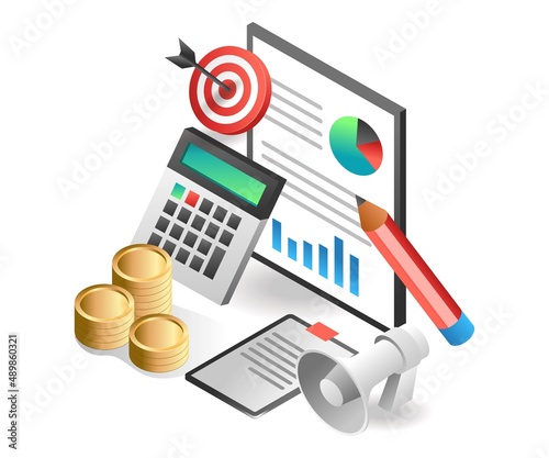 Flat isometric illustration concept. Investment business income analysis data campaign