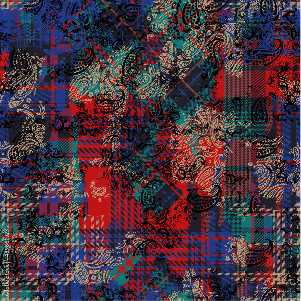 Obraz premium Tartan plaid and paisley fabric patchwork wallpaper vintage vector seamless pattern