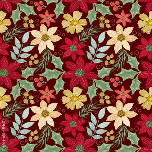 Christmas flowers with green leaf seamless pattern.