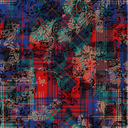 Tartan plaid and paisley fabric patchwork wallpaper vintage vector seamless pattern