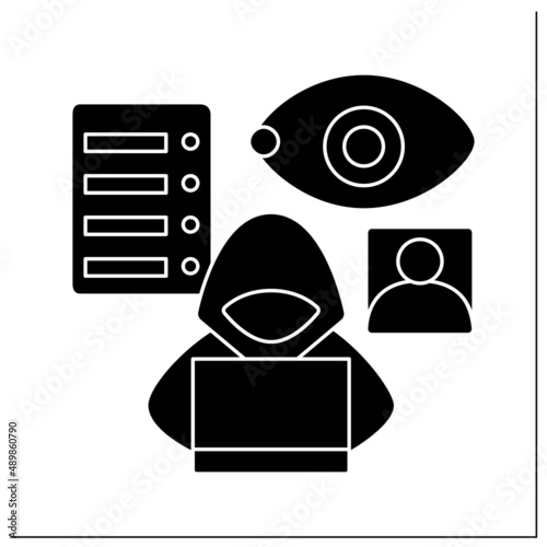 Hacker glyph icon. Hooded person eavesdropping user server login information. Cyberattack technology and private information security. Filled flat sign. Isolated silhouette vector illustration
