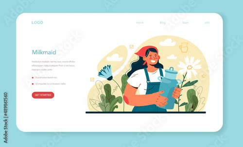 Dairy farm web banner or landing page. Milkmaid milking a cow.