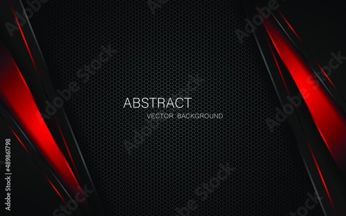 Dark steel mesh abstract background with black and red polygon shapes, free space for design. modern technology innovation concept background
