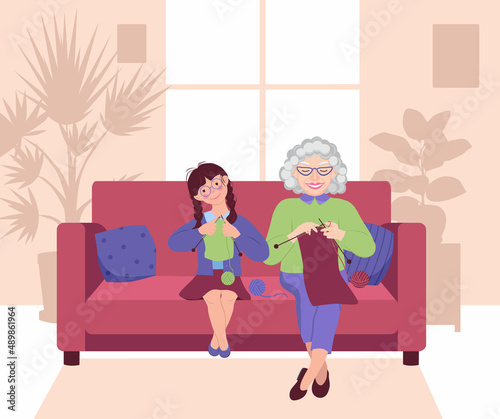 Grandmother and granddaughter are knitting together, sitting on the couch. Elderly woman teaches a little girl to knit. Window and silhouettes of potted flowers in the background. Vector illustration