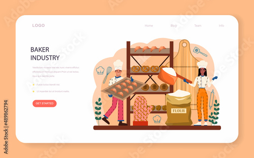 Baker web banner or landing page. Chef in the uniform baking bread.