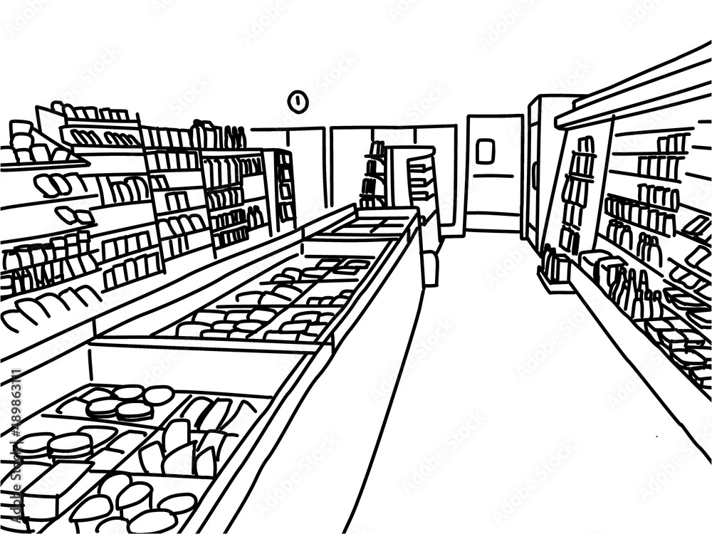 コンビニの店内の冷凍ショーケースの線画イラスト Stock Illustration Adobe Stock