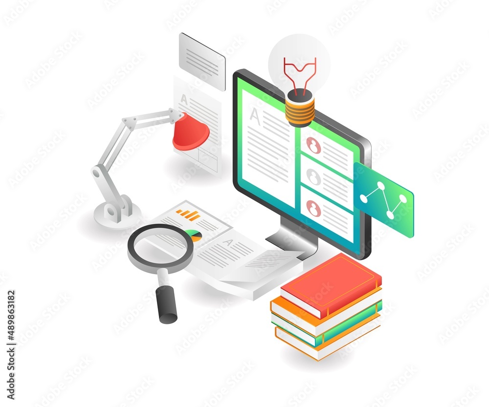 Flat isometric concept illustration. study online with computer Flat isometric concept illustration. study online with computer