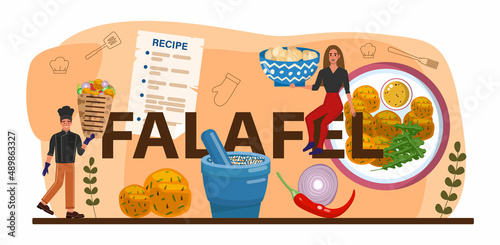 Falafel typographic header. Traditional dish of Jewish cuisine. Fried vegetarian