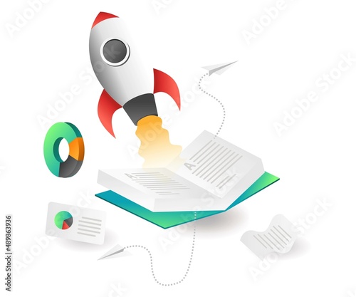 Flat isometric concept illustration. rocket launches from the top of the book