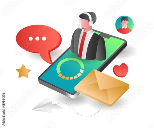 Flat isometric concept illustration. online customer service 24 hours non-stop