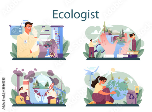Ecologist set. Scientist taking care of nature and study ecological environment