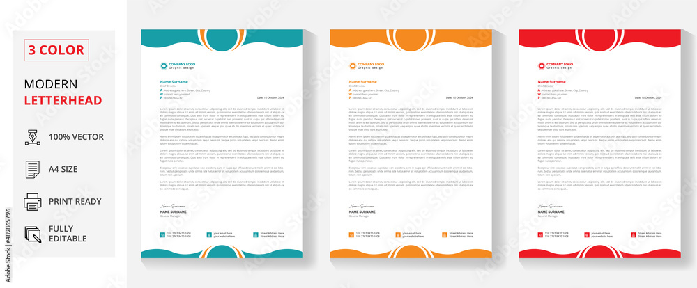 Abstract Professional business letterhead design template in red, blue, green & orange for a corporate office.