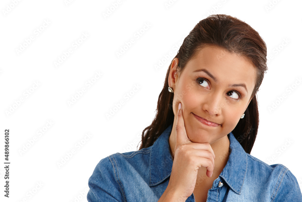 Mmm...I wonder. Studio shot of an attractive young woman looking thoughtful isolated on white. Mmm...I wonder. Studio shot of an attractive young woman looking thoughtful isolated on white.