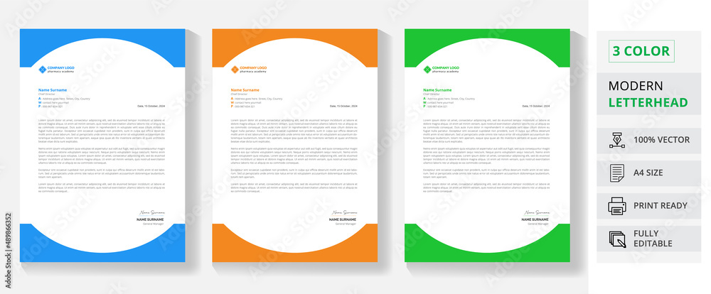 professional corporate business letterhead flyer design. simple business letterhead design with 3 colors concept red, blue, green, orange