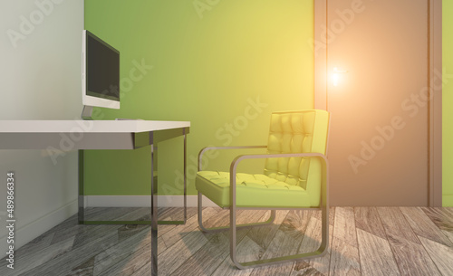 Fototapeta Naklejka Na Ścianę i Meble -  Office interior design in whire color. 3D rendering.. Sunset.