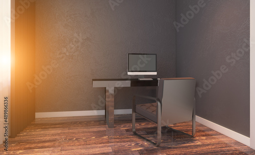 Elegant office interior. Mixed media. 3D rendering.. Sunset.