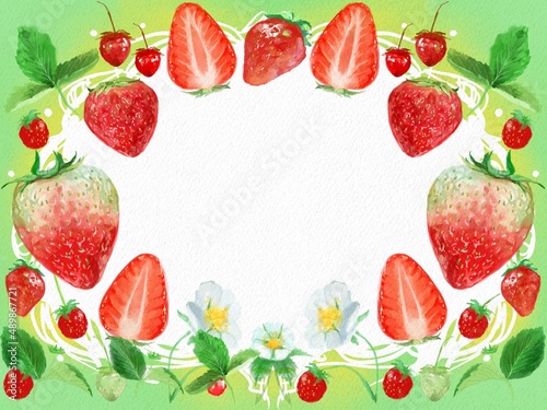 Fototapeta Naklejka Na Ścianę i Meble -  Watercolor painting of fresh strawberries and berries with cute frame