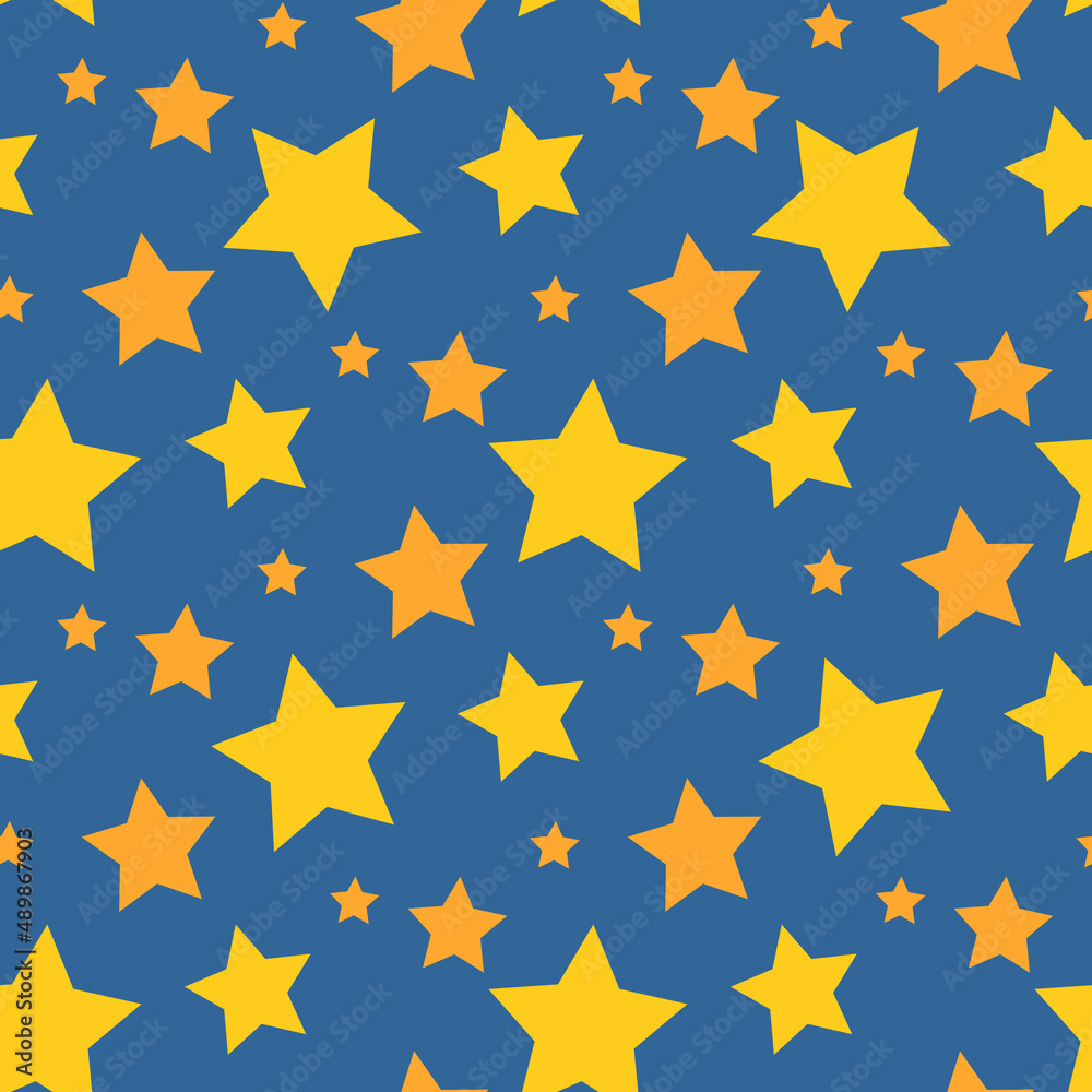 Seamless pattern in yellow and orange stars on dark blue backgound. Vector image.