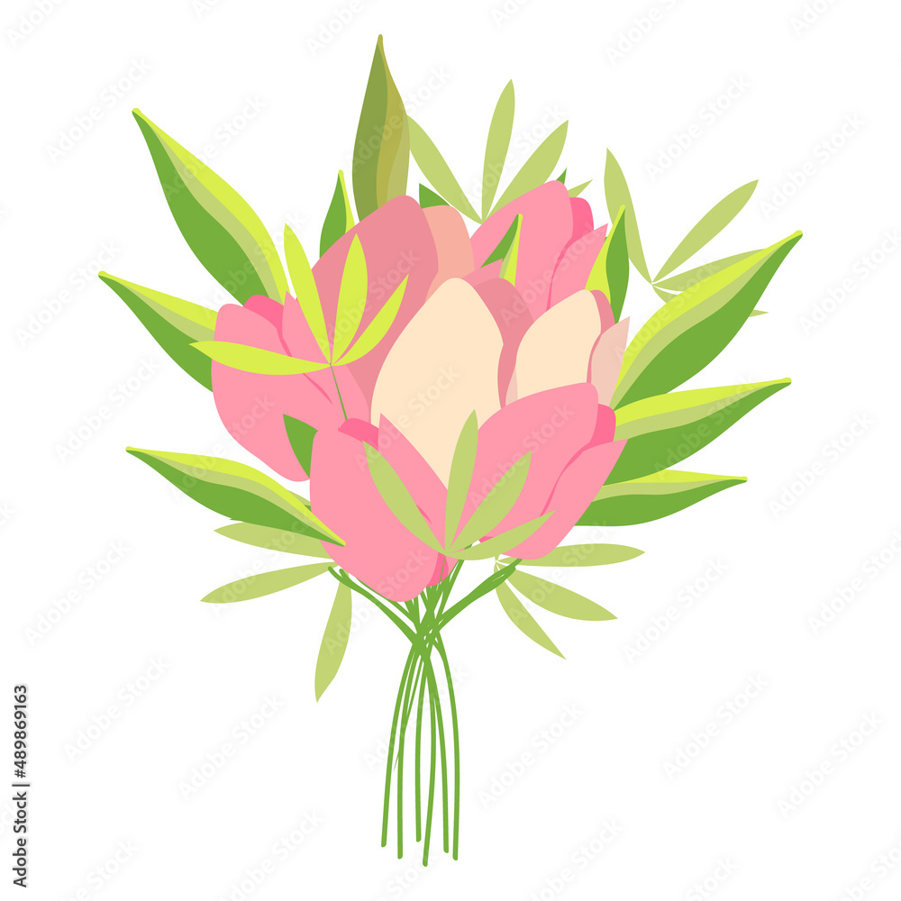 Delicate bright bouquet of tulips in a flat style. Vector illustration. Gift for March 8, mother's day. Bouquet for girls, women.