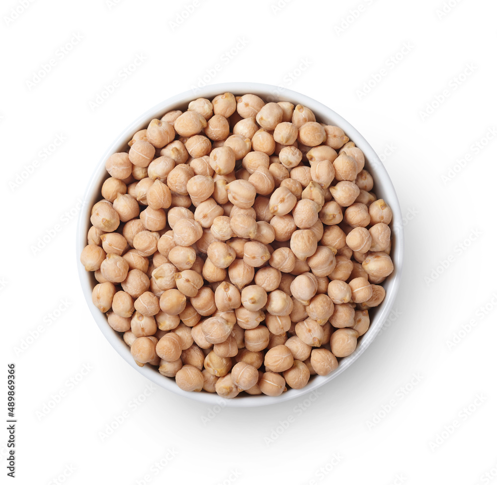 Bowl of chickpeas isolated on white background. 