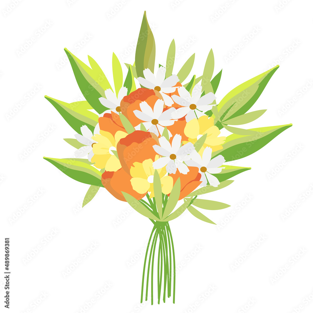 Delicate bright bouquet in a flat style. Vector illustration. Gift for March 8, mother's day. Bouquet for a girl, a woman.Tulrans, zrysanthemums, branches and leaves of greenery