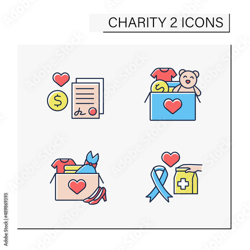 Charity color icons set. Grand, charity box. AIDS charities and clothing donations. Volunteering concept. Isolated vector illustrations