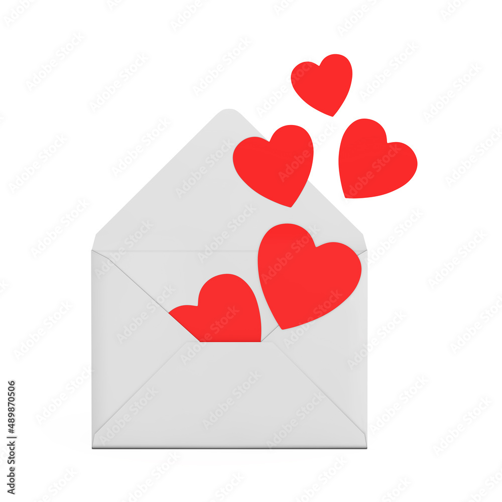 Happy Valentine's Day Concept. Red Hearts Flying Out from White Blank Envelope. 3d Rendering Happy Valentine's Day Concept. Red Hearts Flying Out from White Blank Envelope. 3d Rendering