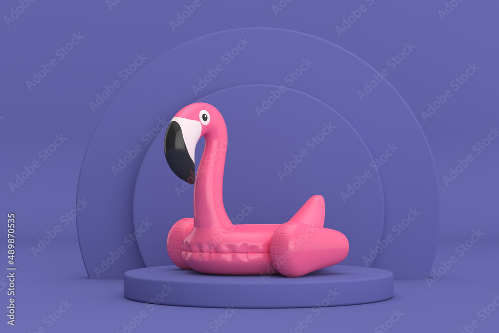 Summer Swimming Pool Inflantable Rubber Pink Flamingo Toy over Violet Very Peri Cylinders Products Stage Pedestal. 3d Rendering