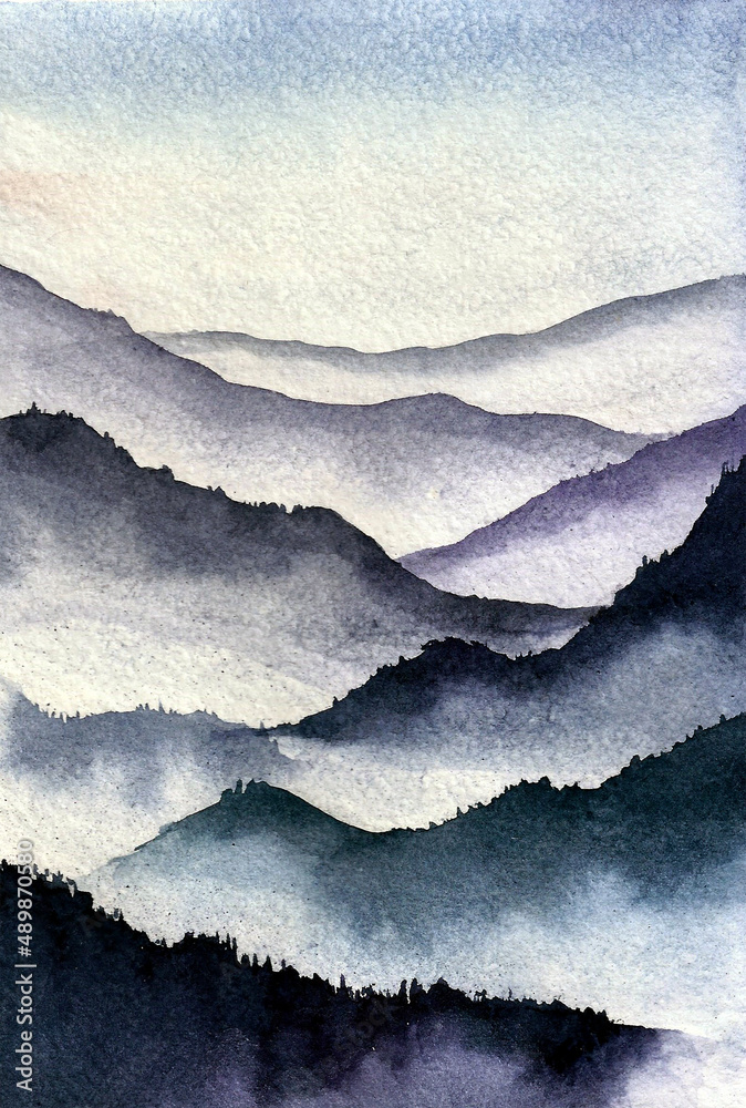 Blue ink landscape painting with ink dots, blue mountains ink. Watercolor illustrations. Blue ink landscape painting with ink dots, blue mountains ink. Watercolor illustrations.