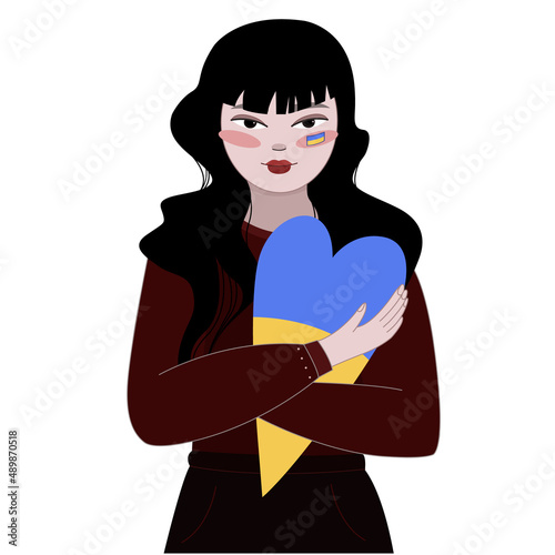 Save Ukraine. The girl with black hair hugs a heart with the colors of the flag of Ukraine. Support for Ukraine. No war. Only peace in the world. Vector illustration
