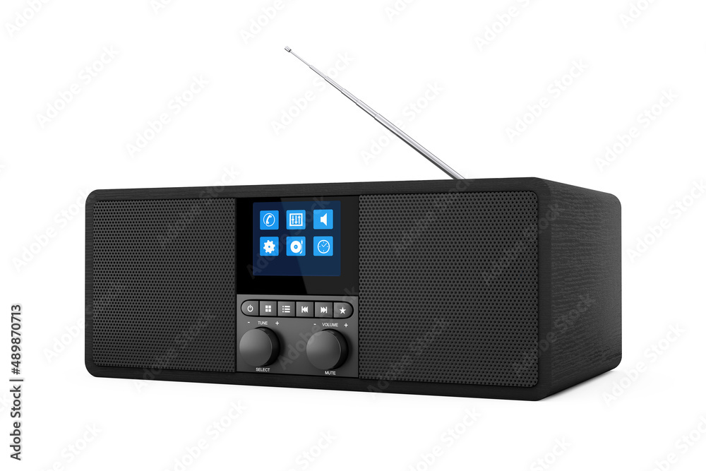 Black Portable Smart Wireless Speaker for Music. Smart device for Online Audio with Radio and Smartphone Wireless Charger. 3d Rendering Black Portable Smart Wireless Speaker for Music. Smart device for Online Audio with Radio and Smartphone Wireless Charger. 3d Rendering