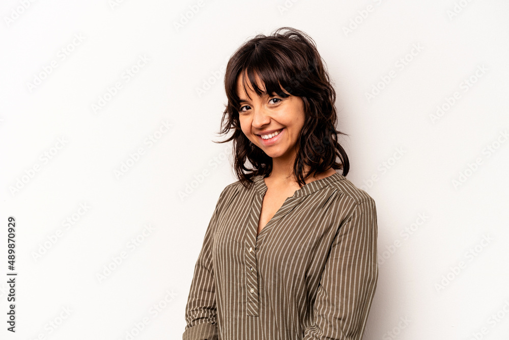 Young hispanic woman isolated on white background confident keeping hands on hips. Young hispanic woman isolated on white background confident keeping hands on hips.