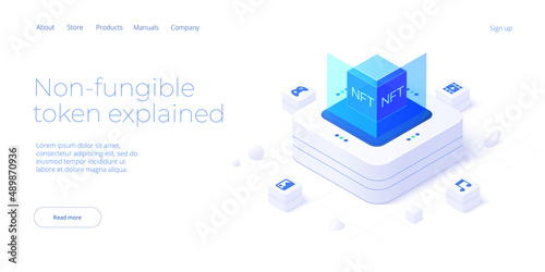 NFT abstract concept illustration in isometric design. Non-fungible token blockchain or marketplace. Cryptographic technology web banner layout.