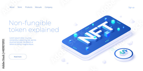 NFT abstract concept illustration in isometric design. Non-fungible token blockchain or marketplace. Cryptographic technology web banner layout.
