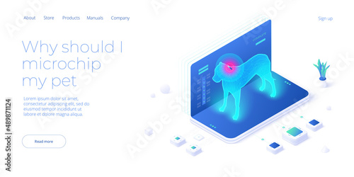 Pet microchip concept illustration in isometric vector design. Dog or animal tracking chip identification. Id implant scan technology web banner layout.