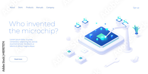 Microchip concept illustration in isometric vector design. Semiconductor or computer processor chip production. CPU hardware technology web banner layout.
