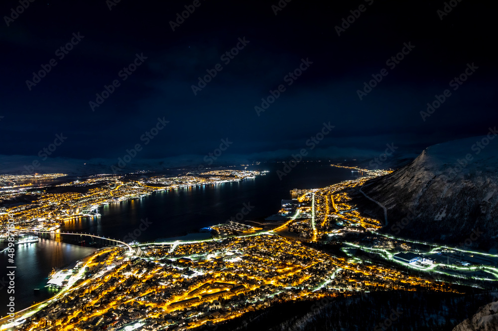 night shot from mountain Fjellheisen above Tromso in northern Norway