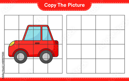 Copy the picture, copy the picture of Car using grid lines. Educational children game, printable worksheet, vector illustration