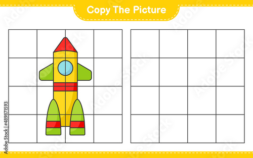 Copy the picture, copy the picture of Rocket using grid lines. Educational children game, printable worksheet, vector illustration