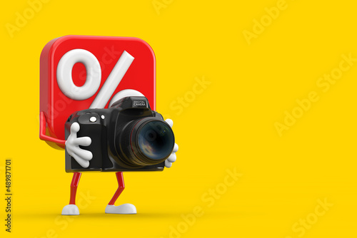 Sale or Discount Percent Sign Person Character Mascot with Modern Digital Photo Camera. 3d Rendering