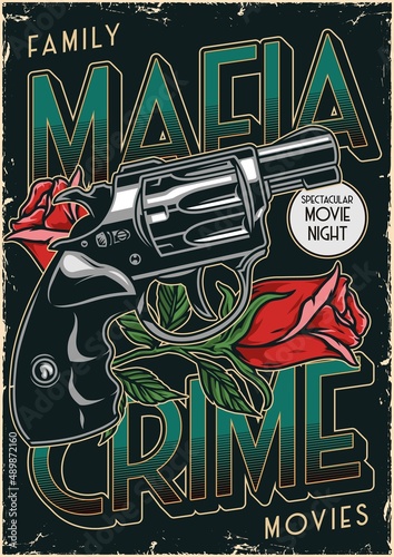 Mafia poster with revolver and rose