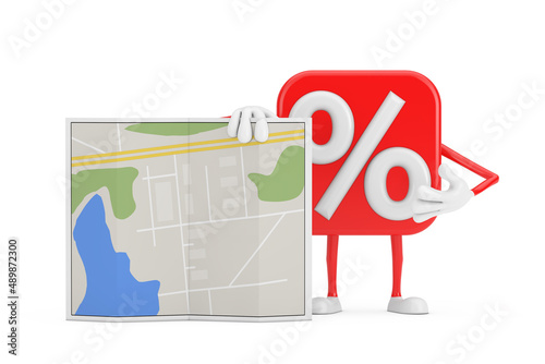 Sale or Discount Percent Sign Person Character Mascot with Abstract City Plan Map. 3d Rendering