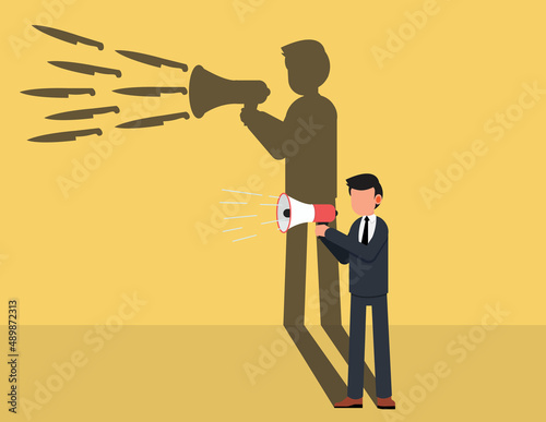 Speak without thinking and slander.  Businessman holding a megaphone standing and shouting
