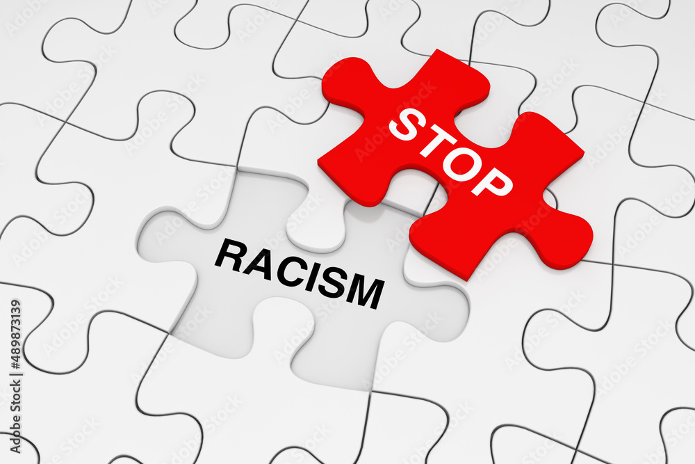 One Piece of Red Jigsaw Puzzle over Plain of White Puzzle with Stop Racism Words. 3d Rendering One Piece of Red Jigsaw Puzzle over Plain of White Puzzle with Stop Racism Words. 3d Rendering