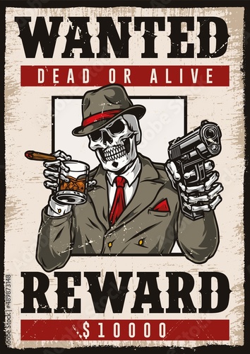 Wanted vertical poster with dangerous skeleton