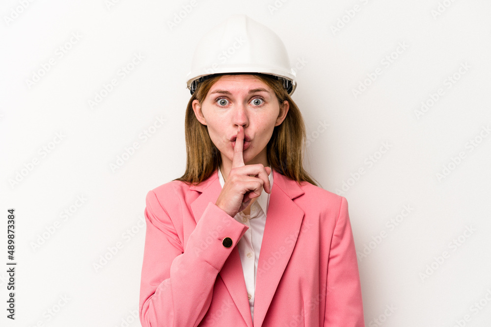 Young architect English woman with helmet isolated on white background keeping a secret or asking for silence.