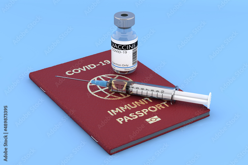 Covid-19 Vaccine Vial Medicine Drug Bottle with Syringe and Immunity Passport. 3d Rendering Covid-19 Vaccine Vial Medicine Drug Bottle with Syringe and Immunity Passport. 3d Rendering