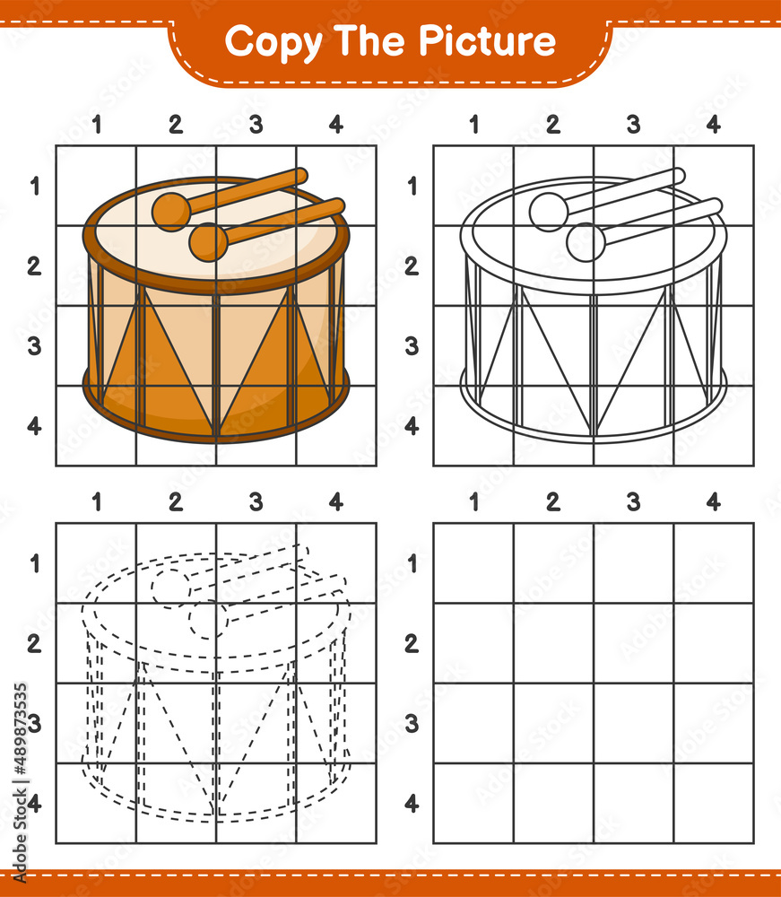 Copy the picture, copy the picture of Drum using grid lines. Educational children game, printable worksheet, vector illustration