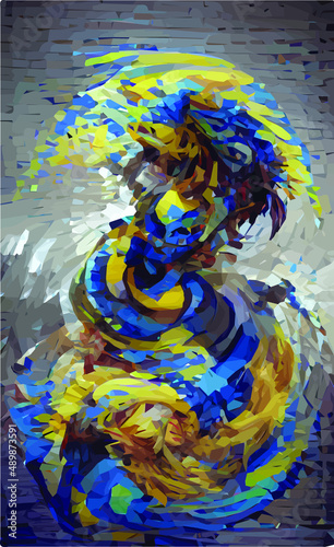 Abstract yellow-blue storm, mosaic. Illustration of a storm, tense turbulent situation, aggressive policy, revolution, patriotism. Geometric pattern in the form of a wave, swirl.